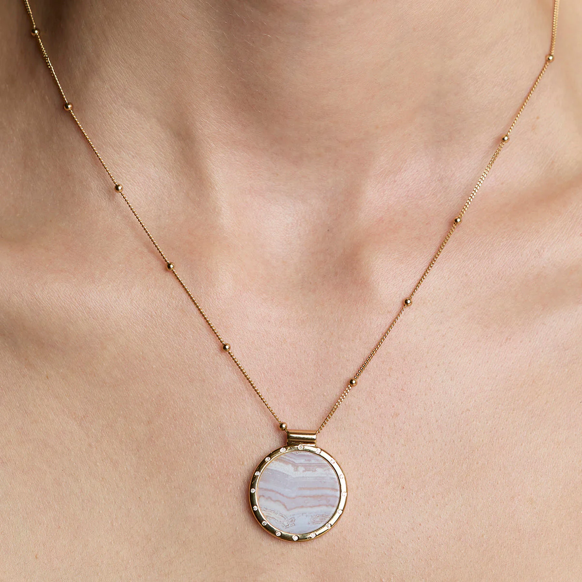 Blue Lace Agate Pendant Necklace in Gold - Image 2