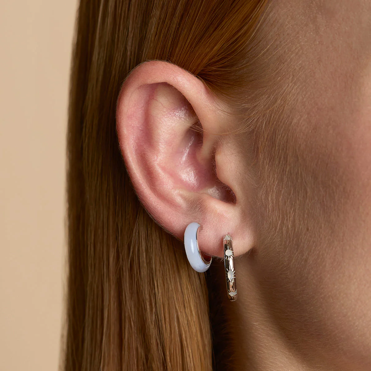 Blue Lace Agate Stone Hoops in Silver - Image 3