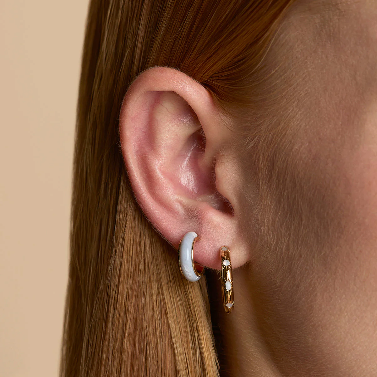 Blue Lace Agate Sun Hoops in Gold - Image 4