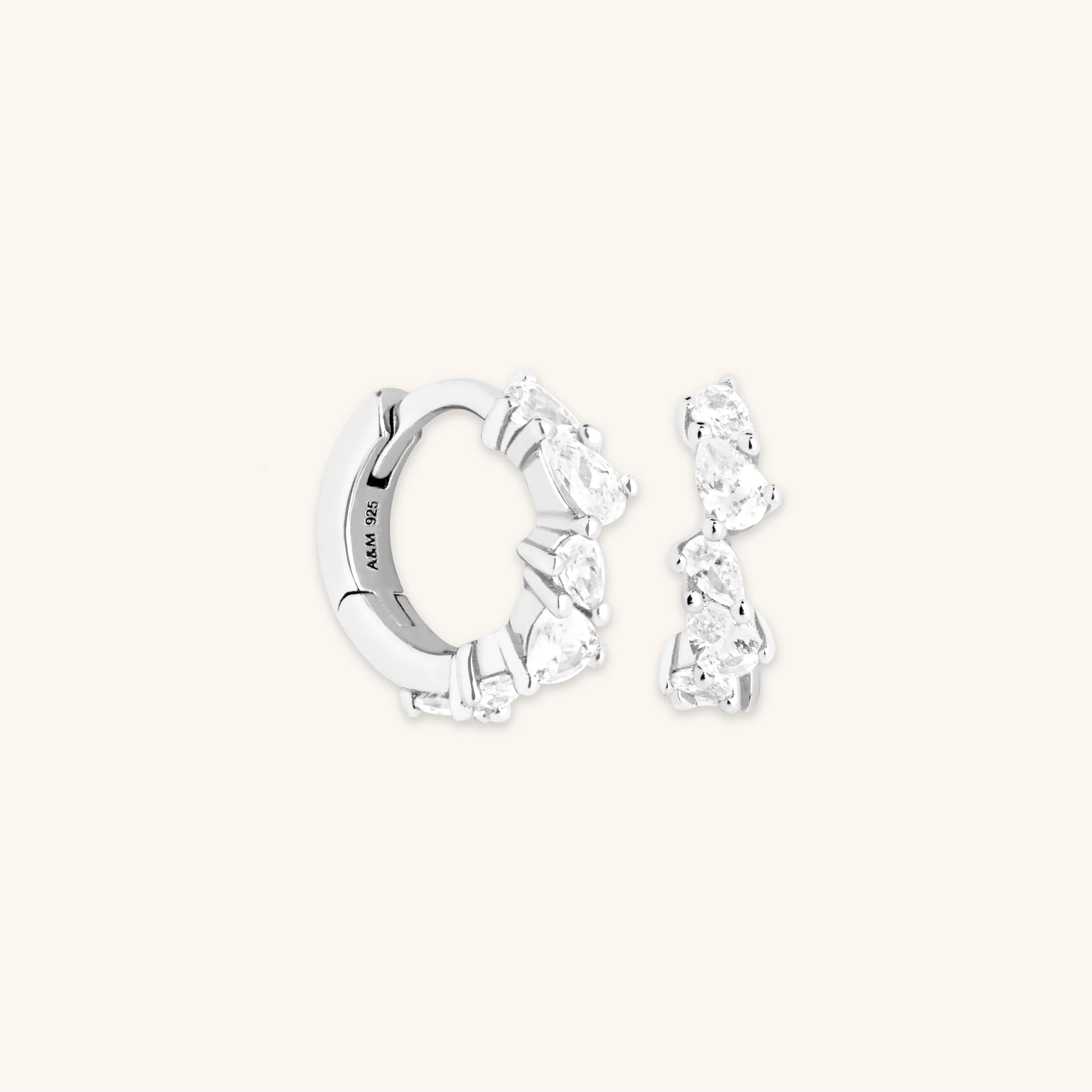 Crystal Pear Huggies in Silver