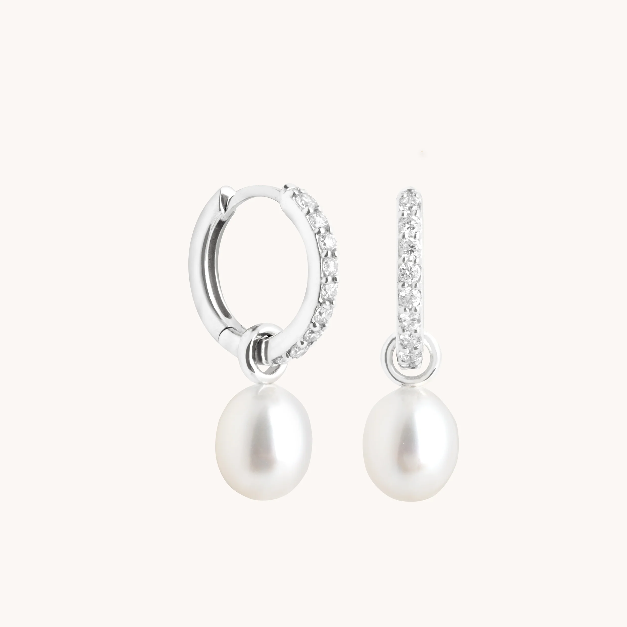 Diamond & Pearl Charm Huggies in Solid White Gold