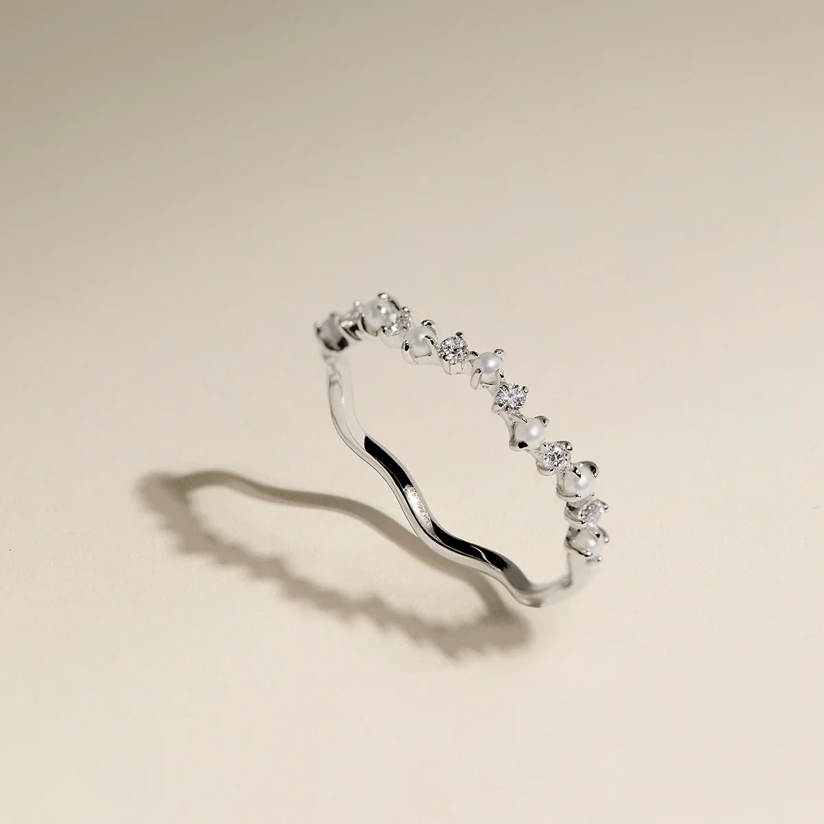 Diamond & Pearl Scalloped Ring in Solid White Gold