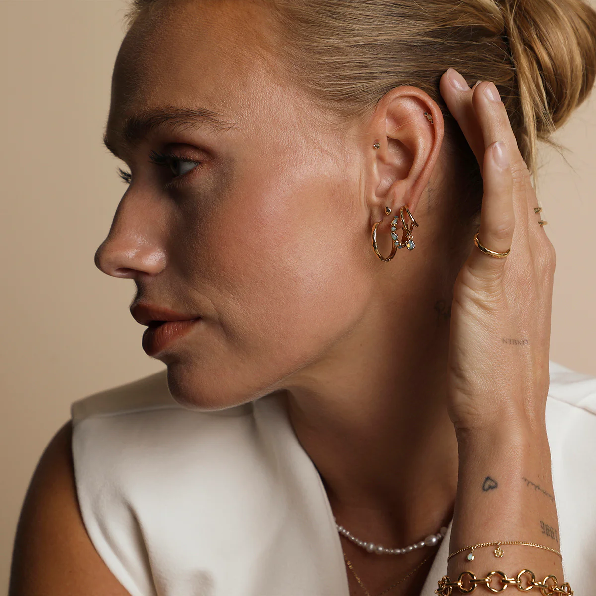 Opal Pear Bezel Hoops in Gold - Image 6