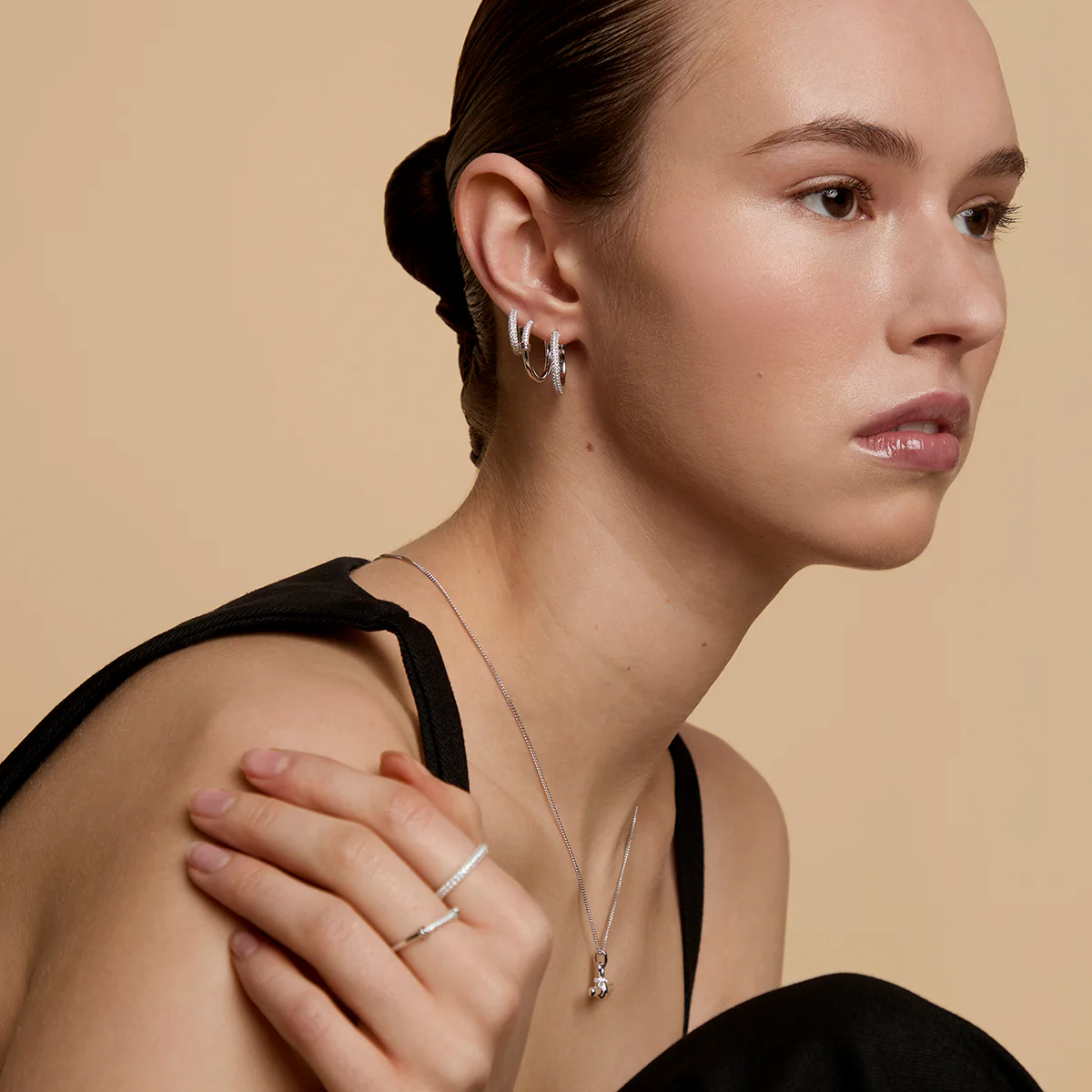 Pavé Essential Medium Hoops in Silver - Image 5