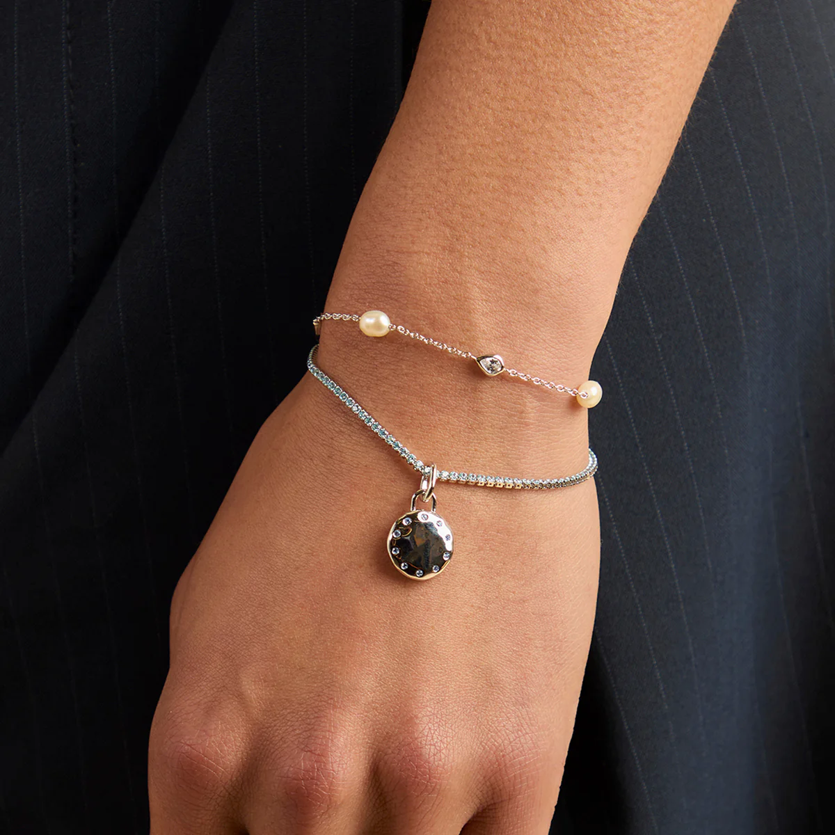 Pearl & Crystal Charm Bracelet in Silver - Image 3