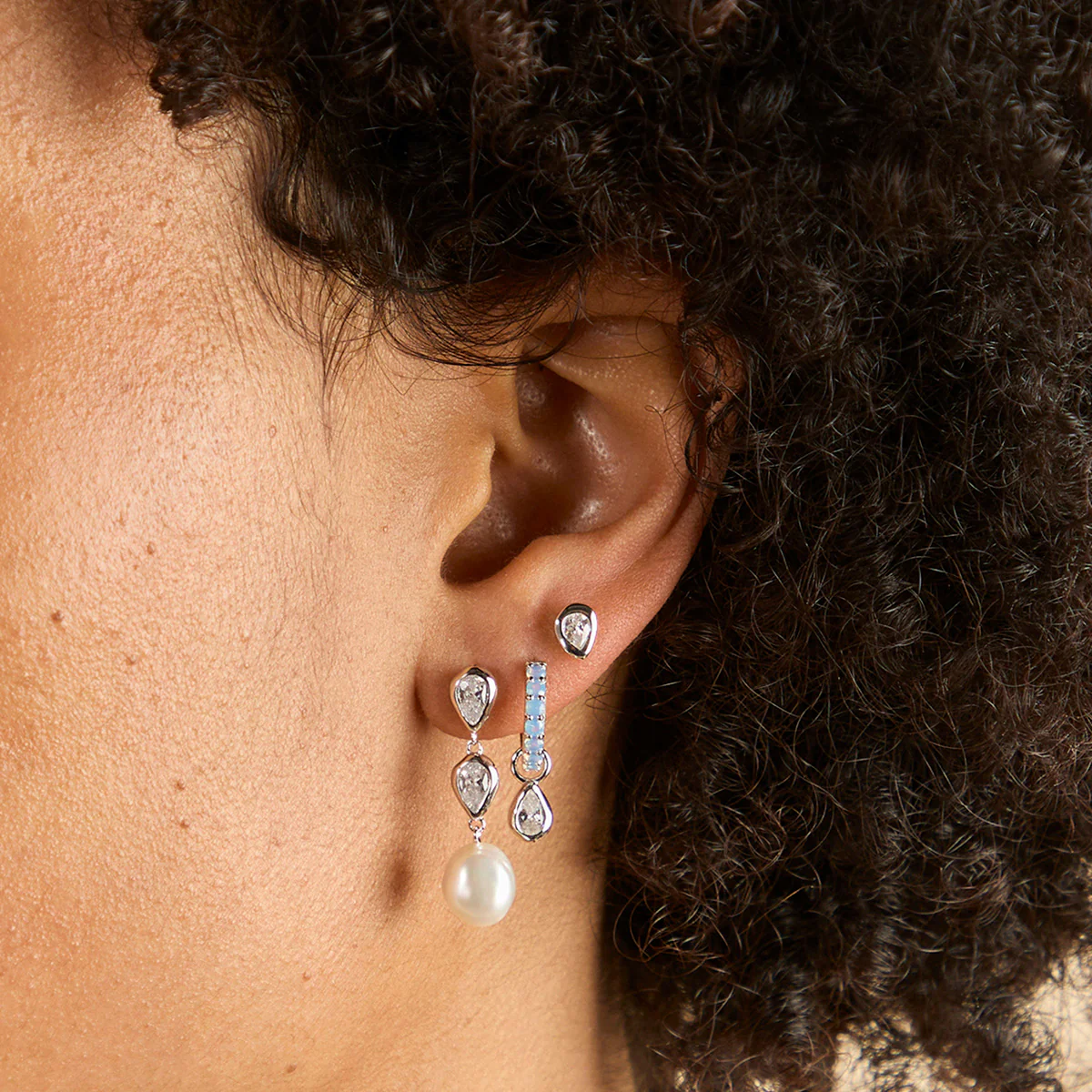 Pearl & Crystal Drop Studs in Silver - Image 3