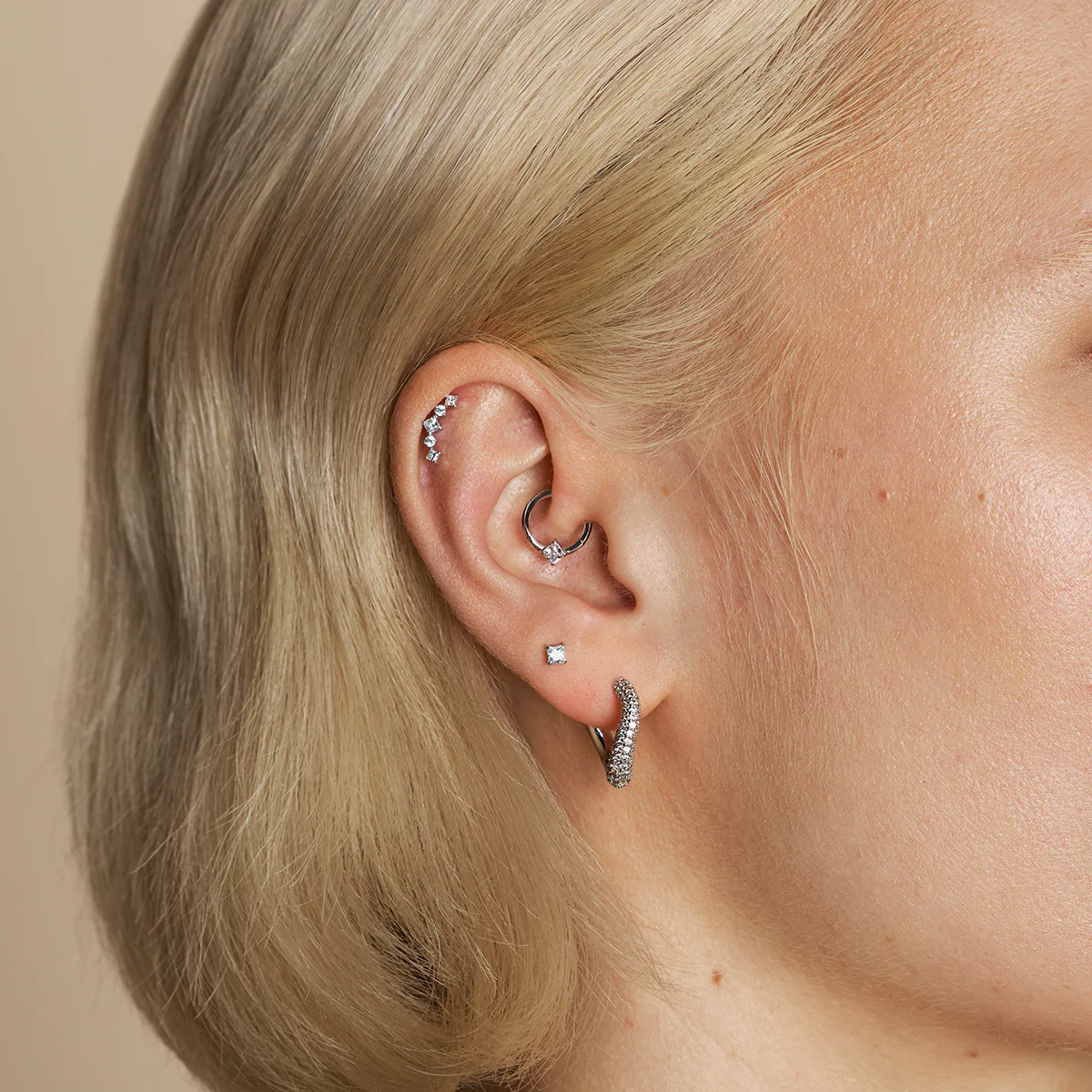 Square Crystal Titanium Daith Hoop in Platinum - Image 3